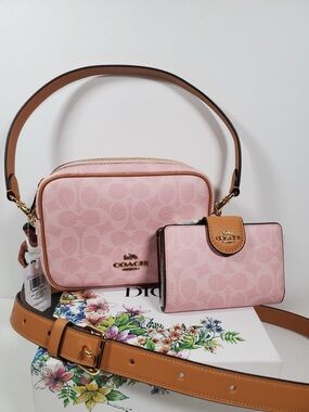 Coach Powder Pink Mini Carey Crossbody Bag in Signature Canvas and Wallet Set